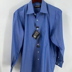 Kirkland Signature Non Iron Extra Long Staple Cotton Dress Shirt Blue Size 17-33